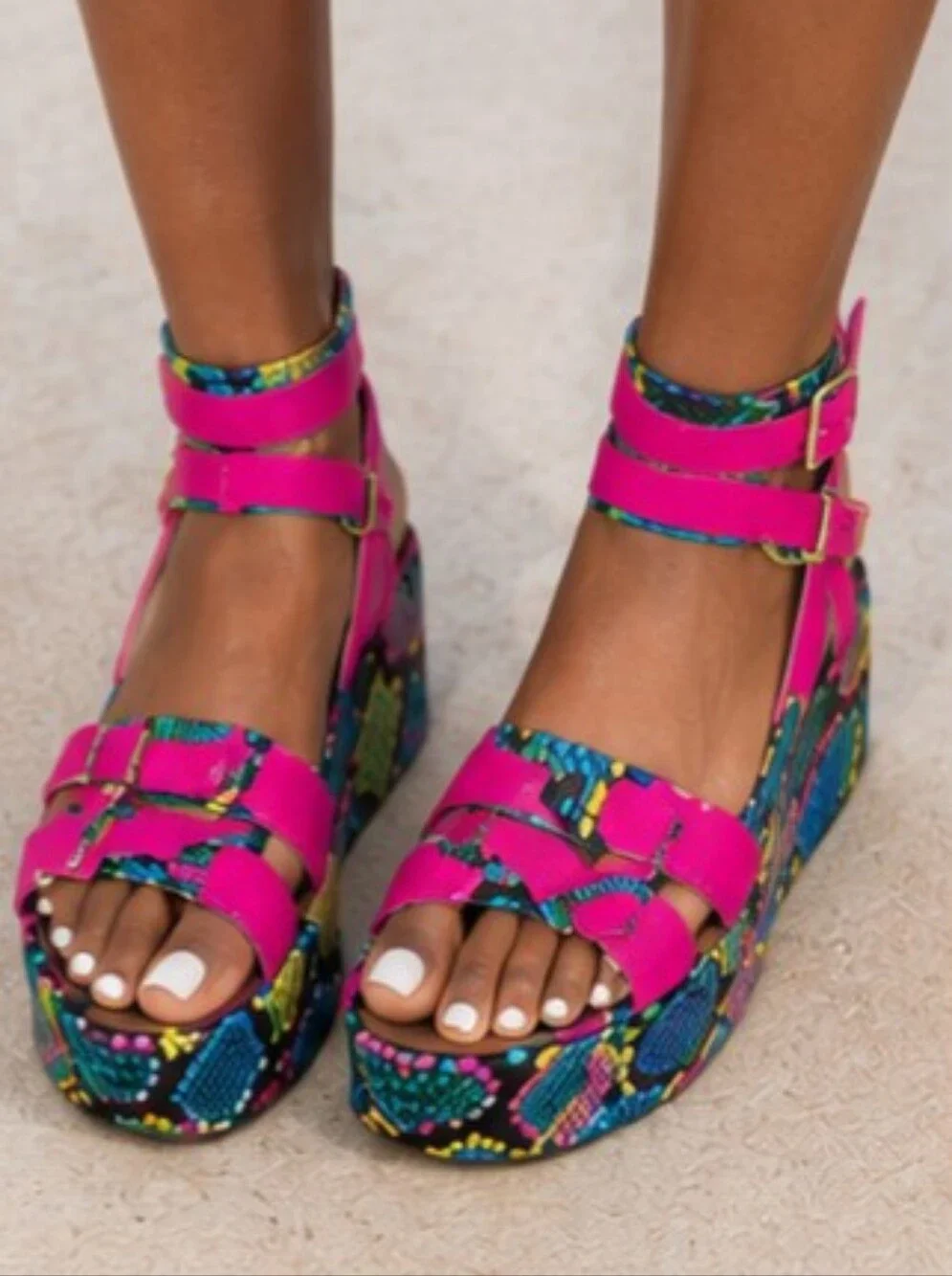 Bright Pink Multicolor Platform Sandals - Women